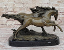 Two Horses Running Galloping - Signed Original Bronze Art Sculpture on Marble Base