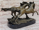 Two Horses Running Galloping - Signed Original Bronze Art Sculpture on Marble Base
