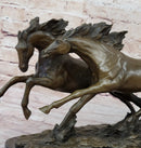 Two Horses Running Galloping - Signed Original Bronze Art Sculpture on Marble Base