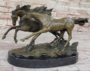Two Horses Running Galloping - Signed Original Bronze Art Sculpture on Marble Base