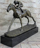 JOCKEY RIDING HORSE BRONZE STATUE FIGURE FIGURIN HOT CAST MARBLE BASE SCULPTURE