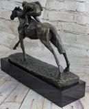 JOCKEY RIDING HORSE BRONZE STATUE FIGURE FIGURIN HOT CAST MARBLE BASE SCULPTURE