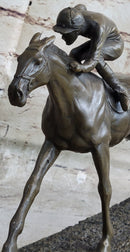 JOCKEY RIDING HORSE BRONZE STATUE FIGURE FIGURIN HOT CAST MARBLE BASE SCULPTURE