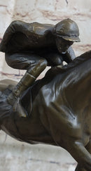 JOCKEY RIDING HORSE BRONZE STATUE FIGURE FIGURIN HOT CAST MARBLE BASE SCULPTURE