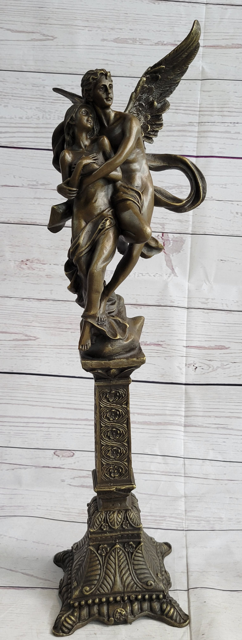 19'' Tall Nude Male Angel Carries Girl Mythical Deco Bronze Sculpture Art Nouveau