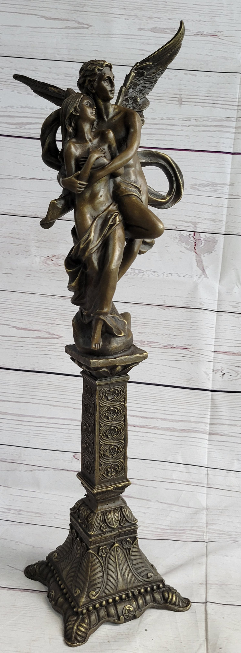 19'' Tall Nude Male Angel Carries Girl Mythical Deco Bronze Sculpture Art Nouveau