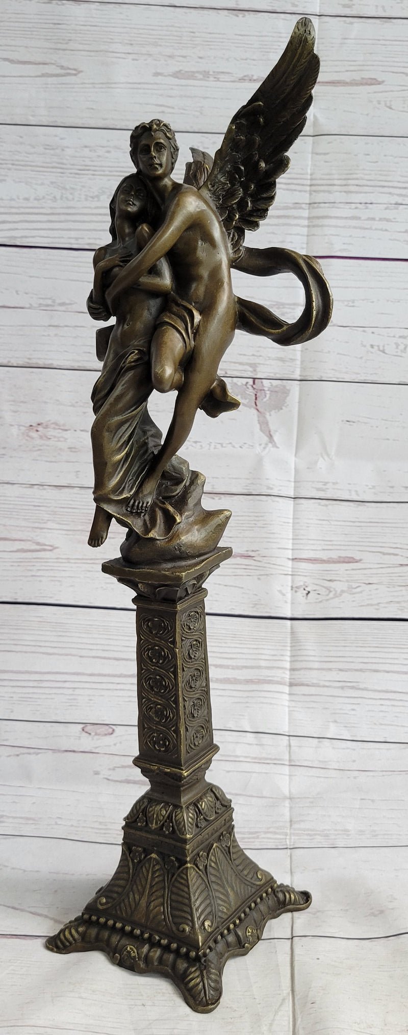 19'' Tall Nude Male Angel Carries Girl Mythical Deco Bronze Sculpture Art Nouveau