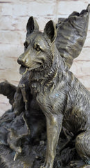 HUNTING DOGS ENGLISH BULLDOG SHEPHERD BRONZE SCULPTURE FIGURINE MARBLE BASE DECO
