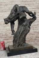 Mountain Lion Panther Puma Climbing Down Tree Bronze Metal Statue Sculpture on Marble Base