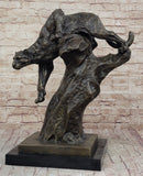 Mountain Lion Panther Puma Climbing Down Tree Bronze Metal Statue Sculpture on Marble Base