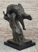 Mountain Lion Panther Puma Climbing Down Tree Bronze Metal Statue Sculpture on Marble Base