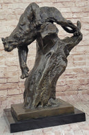 Mountain Lion Panther Puma Climbing Down Tree Bronze Metal Statue Sculpture on Marble Base