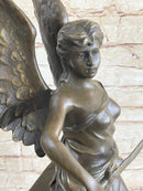 Winged Angel Warrior Goddess Nike Victory Bronze Statue Sculpture Marble Base