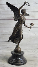 Bronze Sculpture Statue Figure of Winged Female Angel Holding Wreath & Trumpet Horn