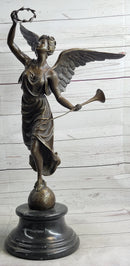 Bronze Sculpture Statue Figure of Winged Female Angel Holding Wreath & Trumpet Horn