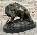 Lion vs. Snake Bronze Sculpture Animal Sculpture A. Barye Figurine on Marble Base