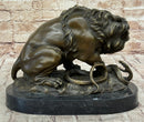 Lion vs. Snake Bronze Sculpture Animal Sculpture A. Barye Figurine on Marble Base