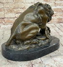 Lion vs. Snake Bronze Sculpture Animal Sculpture A. Barye Figurine on Marble Base