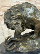 Lion vs. Snake Bronze Sculpture Animal Sculpture A. Barye Figurine on Marble Base