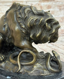 Lion vs. Snake Bronze Sculpture Animal Sculpture A. Barye Figurine on Marble Base