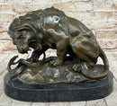 Lion vs. Snake Bronze Sculpture Animal Sculpture A. Barye Figurine on Marble Base