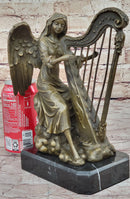 Winged Female Angel Playing Heavenly Harp - Bronze Memorial Sculpture Statue
