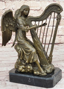 Winged Female Angel Playing Heavenly Harp - Bronze Memorial Sculpture Statue
