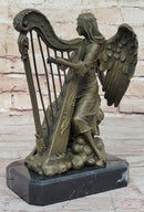Winged Female Angel Playing Heavenly Harp - Bronze Memorial Sculpture Statue