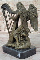 Winged Female Angel Playing Heavenly Harp - Bronze Memorial Sculpture Statue