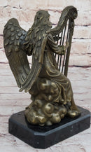 Winged Female Angel Playing Heavenly Harp - Bronze Memorial Sculpture Statue
