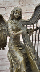 Winged Female Angel Playing Heavenly Harp - Bronze Memorial Sculpture Statue