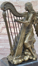 Winged Female Angel Playing Heavenly Harp - Bronze Memorial Sculpture Statue