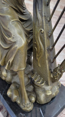 Winged Female Angel Playing Heavenly Harp - Bronze Memorial Sculpture Statue
