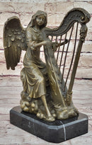 Winged Female Angel Playing Heavenly Harp - Bronze Memorial Sculpture Statue