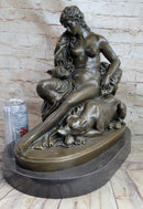 Nude Woman Female Figure w/ 2 Guard Dogs Bronze Statue Sculpture Greek Roman Decor