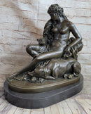 Nude Woman Female Figure w/ 2 Guard Dogs Bronze Statue Sculpture Greek Roman Decor