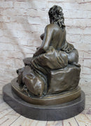 Nude Woman Female Figure w/ 2 Guard Dogs Bronze Statue Sculpture Greek Roman Decor