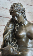Nude Woman Female Figure w/ 2 Guard Dogs Bronze Statue Sculpture Greek Roman Decor