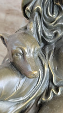 Nude Woman Female Figure w/ 2 Guard Dogs Bronze Statue Sculpture Greek Roman Decor