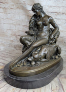 Nude Woman Female Figure w/ 2 Guard Dogs Bronze Statue Sculpture Greek Roman Decor