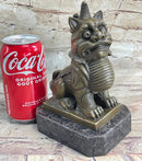 Chinese Foo Dog Guardian Lion Bronze Statue Sculpture Figure Marble Base 7.5" x 5"