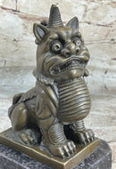 Chinese Foo Dog Guardian Lion Bronze Statue Sculpture Figure Marble Base 7.5" x 5"