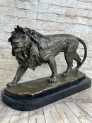Lion Bronze Sculpture Statue Figure Handmade Art by Antoine Barye on Marble Base