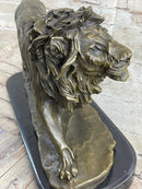 Lion Bronze Sculpture Statue Figure Handmade Art by Antoine Barye on Marble Base