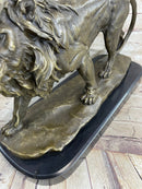 Lion Bronze Sculpture Statue Figure Handmade Art by Antoine Barye on Marble Base