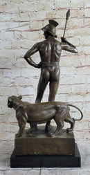 Roman Gladiator Warrior & Lion Bronze Statue Sculpture Signed Original 20" x 13"