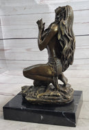 Semi Nude Native American Female Praying Bronze Statue Sculpture Figure Signed