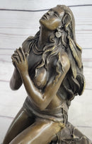 Semi Nude Native American Female Praying Bronze Statue Sculpture Figure Signed