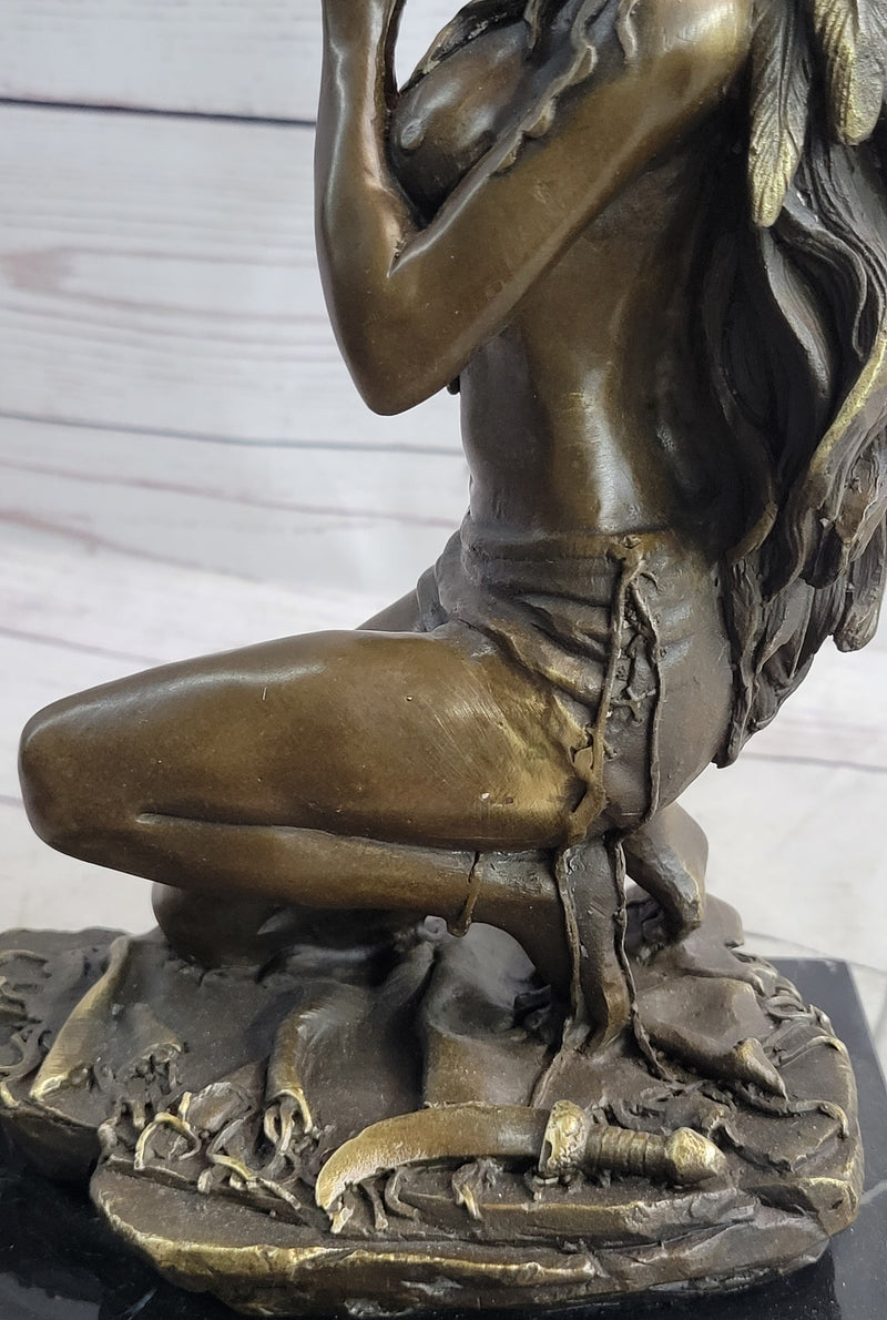 Semi Nude Native American Female Praying Bronze Statue Sculpture Figur