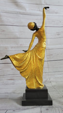 Chiparus Arabesque Dancer Gold Patina Bronze Sculpture Statue Art Deco Figure on Marble Base